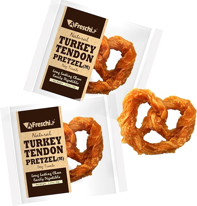 Afreschi Natural Turkey Tendon Pretzel (M) Pack of 2, Dog Treats for Signature Series, All Natural Human Grade Dog Chew, USA-Sourced Turkey Tendon, Hypoallergenic, Rawhide Alternative-PawvioPets