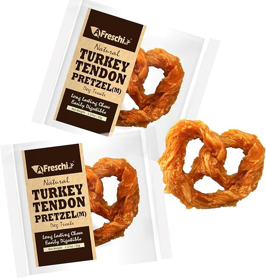 Afreschi Natural Turkey Tendon Pretzel (M) Pack of 2, Dog Treats for Signature Series, All Natural Human Grade Dog Chew, USA-Sourced Turkey Tendon, Hypoallergenic, Rawhide Alternative-PawvioPets