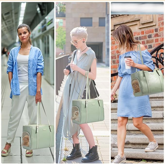 Fashion Dog Purse Pet Carrier Leather Bag for Small Dogs Cats Puppy, Portable Tote Bag Airline Approved Soft-Sided Carriers (Green)-PawvioPets