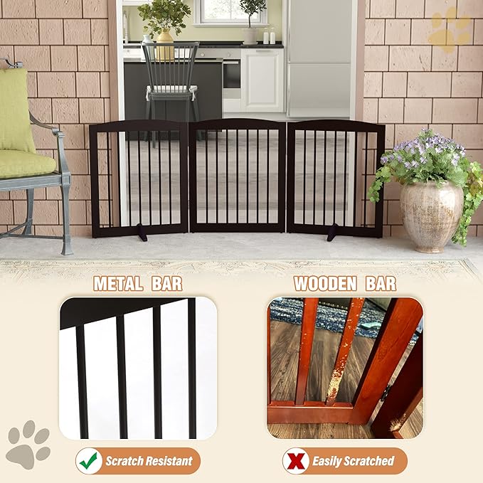 Freestanding Pet Gate for Dogs, Foldable Wooden Dog Gate for House, Indoor Dog Gate for Doorways, Stairs, Gates for Dogs Indoor, Support Feet Included, 24" Height 3 Panels, Brown-PawvioPets