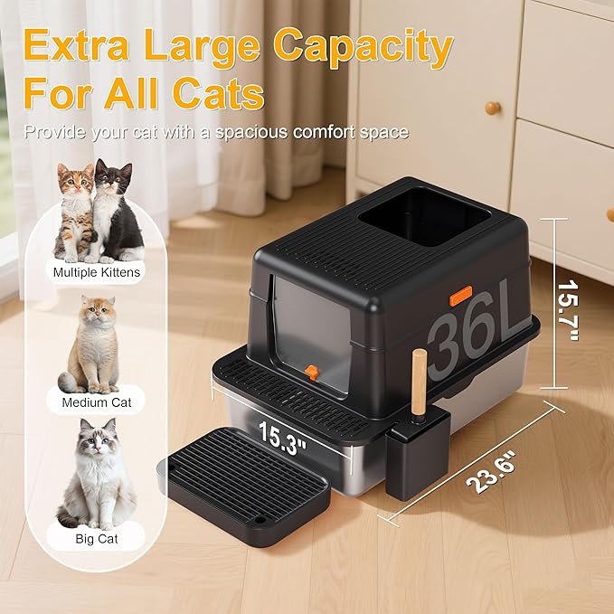 Enclosed Stainless Steel Litter Box with Lid, 20L Metal Enclosed Litter Box for Big Cat, Flip-Top Design with Anti-Leakage High Sides, Cat Lovers Gifts（Black）-PawvioPets