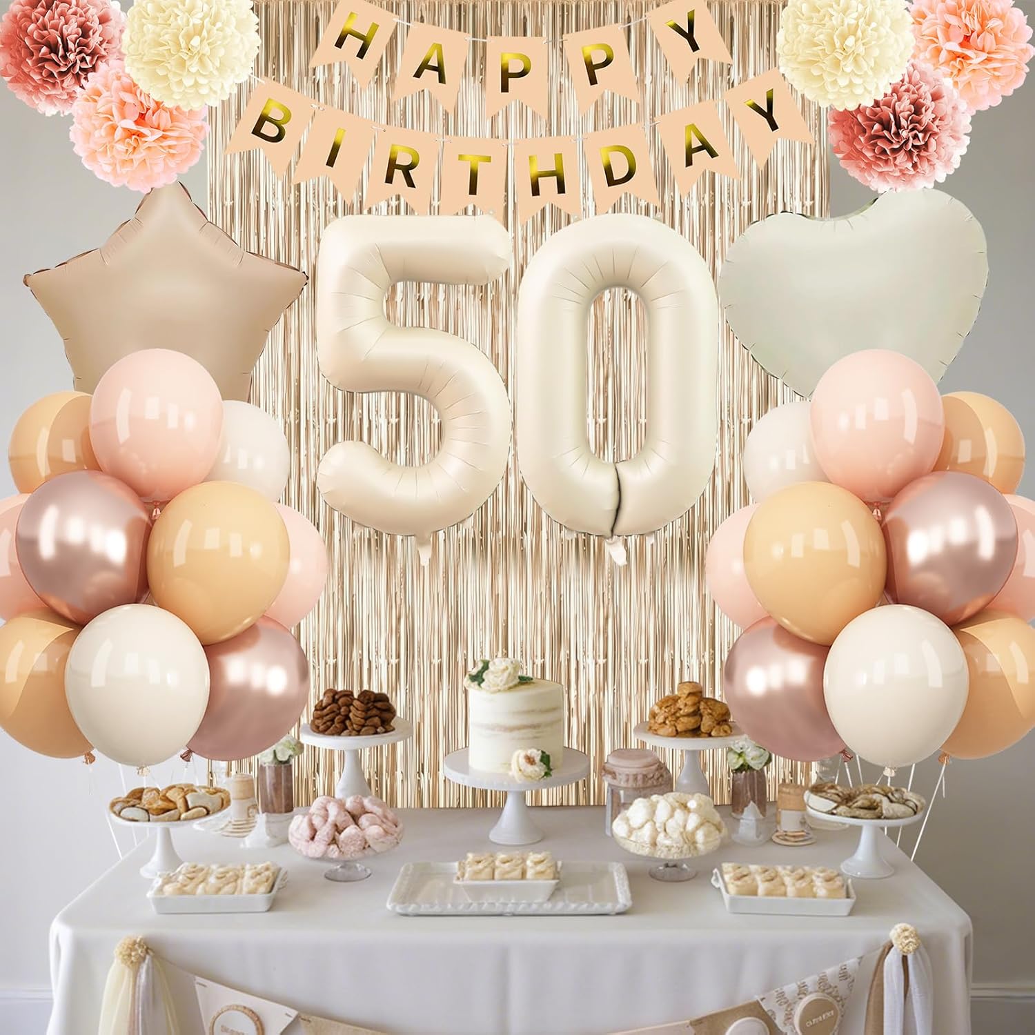Beige 50th Birthday Decorations for Women Cream Number 50 Balloon Nude Gold Happy Birthday Banner Fringe Curtain Paper Pom Poms Blush White Sand Champagne Star Foil Balloons Neutral Boho Party Decor