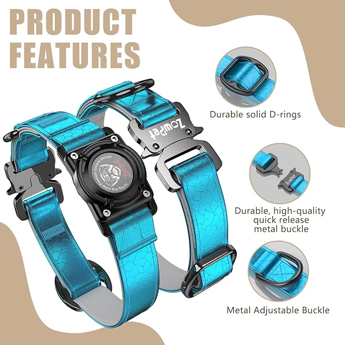 AirTag Dog Collar - Leather Dog Collar with Airtag Holder | IP68 Waterproof AirTag Holder with Metal Buckle, Comfortable GPS Dog Collars Tracker for Medium Large Dogs (Blue, M)-PawvioPets