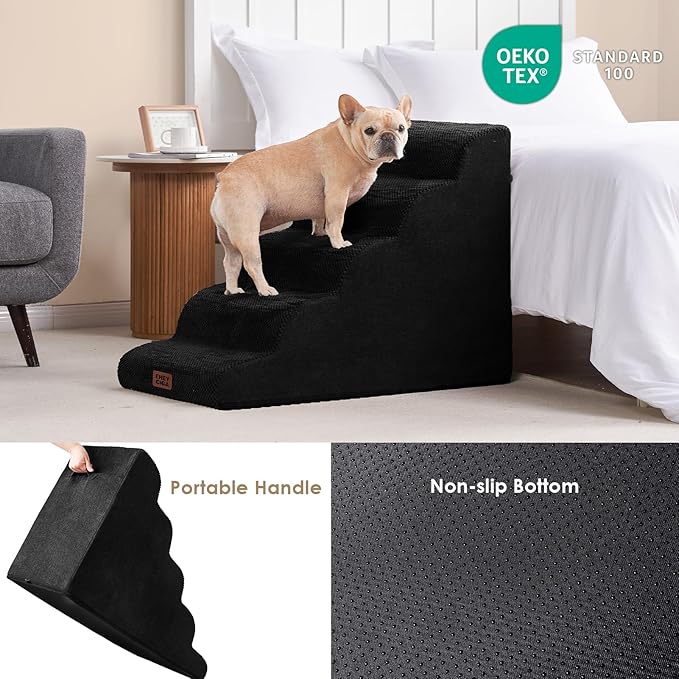 EHEYCIGA Curved Dog Stairs Ramp for High Beds, 5-Step Extra Wide Dog Steps for Small Dogs and Cats, Pet Stairs for High Bed Climbing, Non-Slip Balanced Pet Step Indoor, Black-PawvioPets