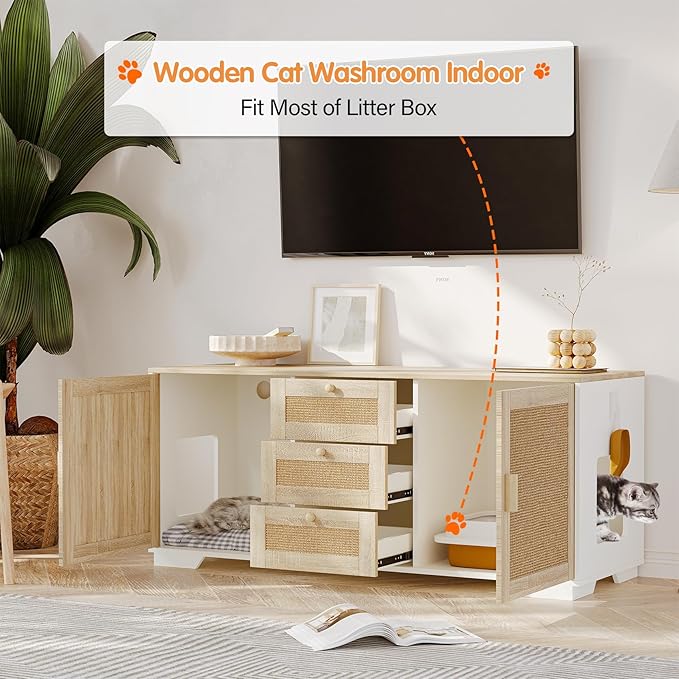 Cat Litter Box Enclosure Furniture Hidden Indoor 2-in-1 Wooden Cat & Washroom Cabinet with Scratching Board Doors and 3 Drawer for 2 Cats, 55"x20"x24"H-PawvioPets