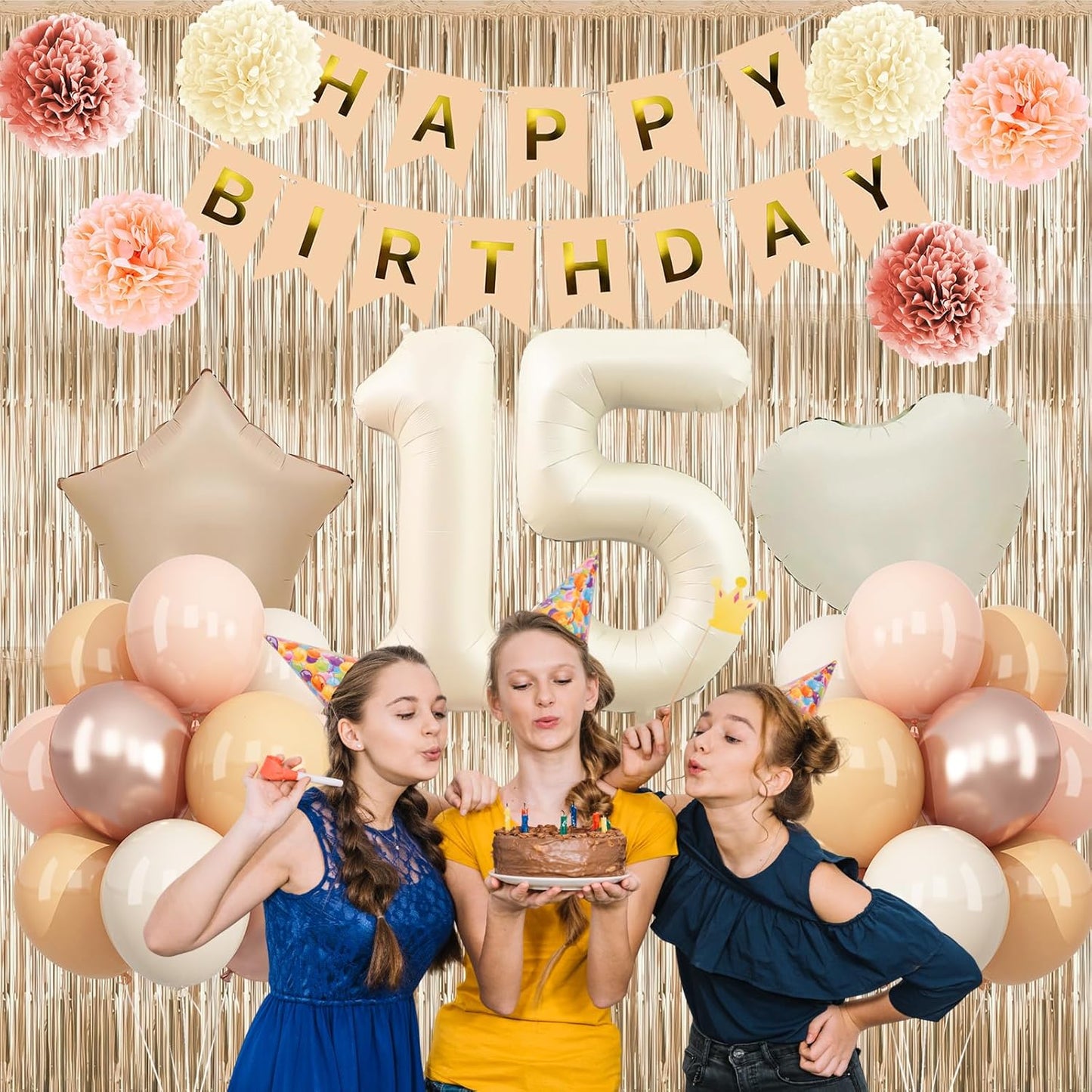 Beige 15th Birthday Decorations Girls Boys Cream Number 15 Balloon Nude Gold Happy Birthday Banner Fringe Curtain Paper Pom Poms Blush White Sand Champagne Star Foil Balloons Neutral Boho Party Decor