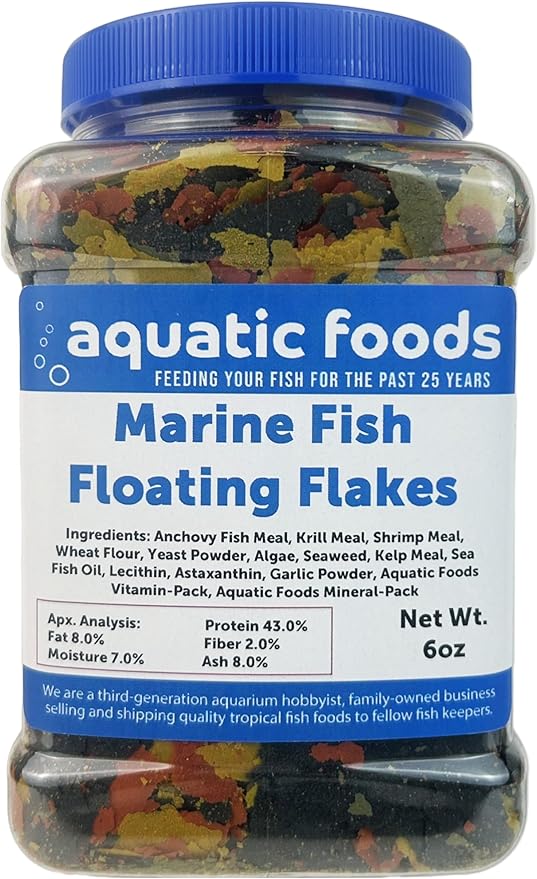 Aquatic Foods Inc. Marine Fish Flakes of Red & Green Algae, Seaweed for Tangs, Butterflies, Angelfish, Anthias, Clown Fish, Damsels Also Pellet Mix, Wafer Mix Included… AFI 6oz Jar-PawvioPets