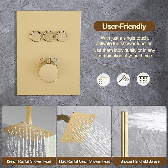 12 Inch Rain Shower System, Brushed Gold Shower Faucet Set with Push Button Diverter, 6 Inch Wall Mounted 3-Functions Bathroom Shower Systems with Dual-Function Handheld (Thermostatic, Gold Brushed)-PawvioPets