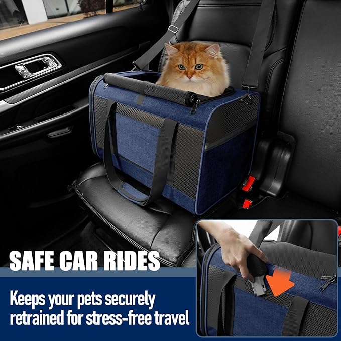 Dog Carrier Soft/Cat Crates Large Cat 20 to 25 pounds/Softsided Pet Car Travel Carry Bag 15 Pound Puppy/Top Open Transport Kennel Navy-PawvioPets