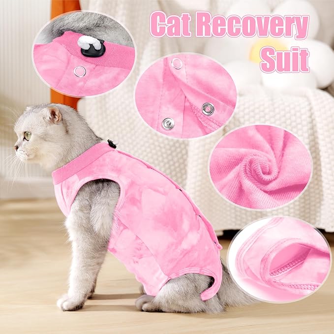 Cat Recovery Suit for Male and Female Surgical Post Surgery Soft Cone Onesie Tie Dye Cats Shirt Clothes Neuter Licking Protective Diapers Outfit Cover Kitten Spay Collar Alternative(Pink, M)-PawvioPets