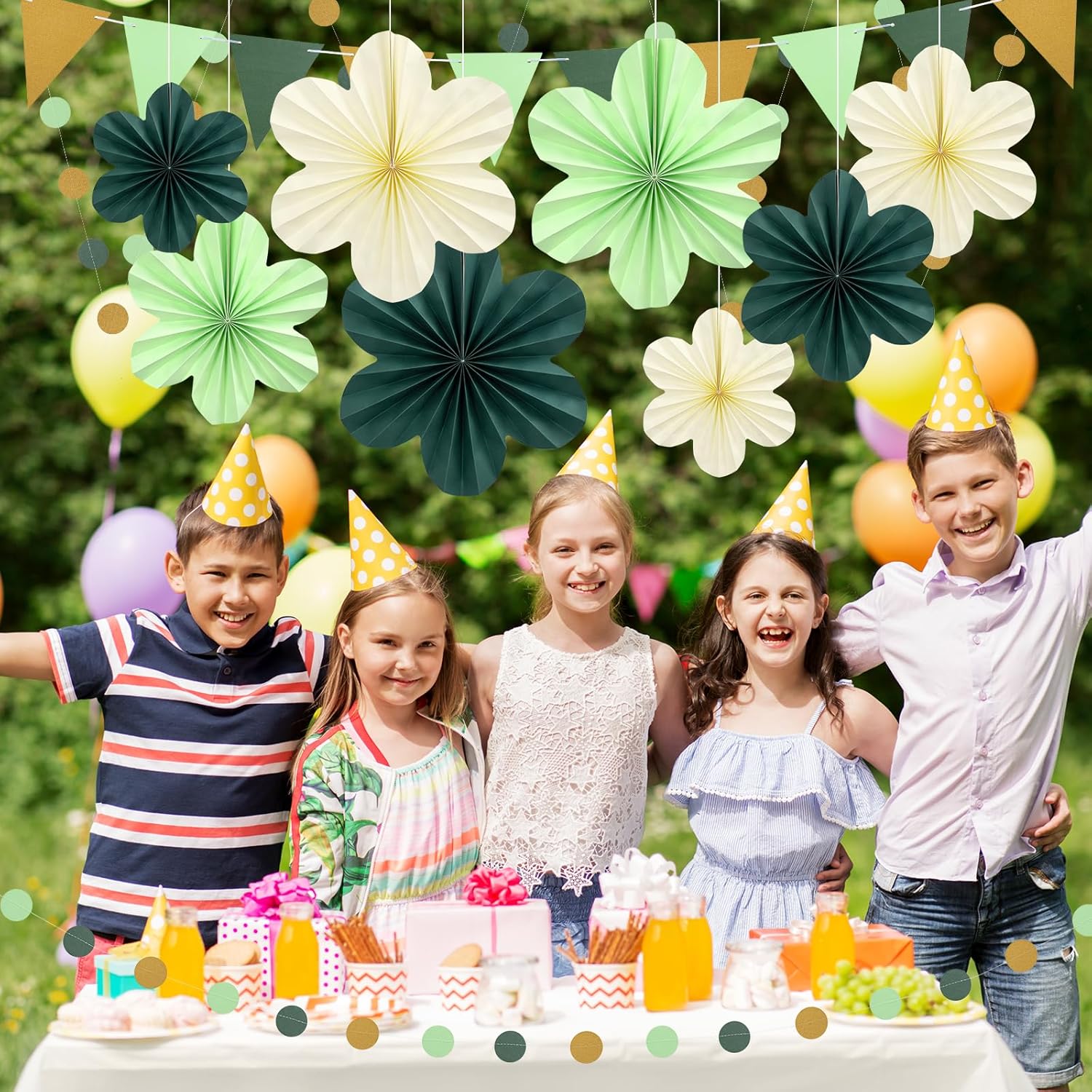 Sage Green Birthday Decoration, Plant Birthday Decorations with Hanging Paper Flowers, Tassel Garland and Swirls, Sage Green Party Decoration for Women Girls, Classroom Party Decor