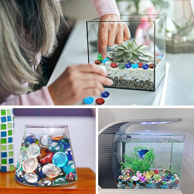 1LB Mixed Color Flat Glass Marbles for Vases, Mancala Stones Gemstone Beads Vase Filler Decorative Glass Pebbles for Fish Tank, DIY Crafts, Mosaics, Aquarium Decor Rocks, Candle Holders-PawvioPets