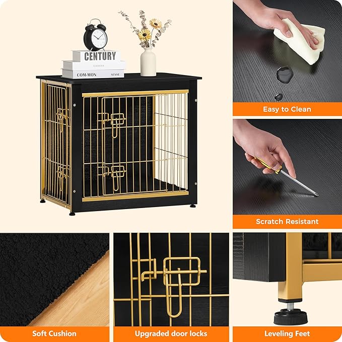 DWANTON Dog Crate Furniture with Cushion, Wooden Kennel Table with Double Doors, Indoor Dog House, Small/Medium/Large Size, 27.2" L, Black+Gold-PawvioPets