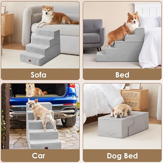 EHEYCIGA Dog Stairs for High Bed 25" H, 5-Step Extra Wide Dog Steps for Bed, Pet Steps for Small Dogs and Cats, Non-Slip Balanced Pet Ramp Indoor, Light Grey-PawvioPets