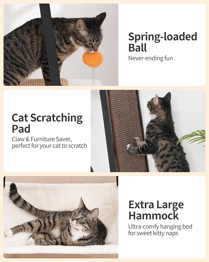 FourFurPets Modern Cat Tree, 58-Inch Cat Tower for Large Cats, Maine Coon Cat Tree with Scratching Board, Large Perch, Hammock and Removable Pads, Greige-PawvioPets