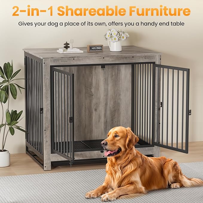 Dog Crate Furniture, Large Dog Crate Furniture, Dog Crate End Table for Large and Medium Dogs, Wooden Cage Kennel Furniture Indoor, Modern Dog Crate with Multi-Purpose Removable Tray-PawvioPets