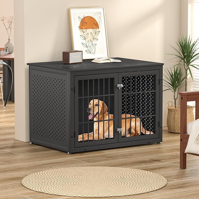 42" Heavy Duty Dog Crate Furniture for Large and Medium Dogs, Enclosed Design Wooden Metal Kennel, Wooden Cage Furniture Indoor, Decorative Dog Kennel End Table-PawvioPets