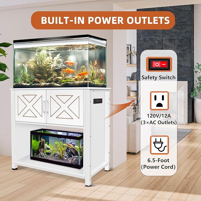 40 Gallon Tank Stand with Cabinet and Power Outlets, Heavy Duty Metal Aquarium Stand for 40-50 Gallon Breeder Tank, Turtle Tank, Double Terrarium Stand, 660LBS Capacity, White-PawvioPets
