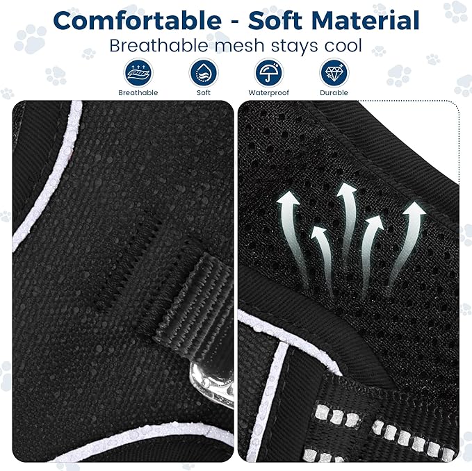 Funfox Dog Harness No Pull, Adjustable Dog Vest Harness, Super Soft Material with Vertical Handle Easy Control, Reflective Night Walking, 2 Leash Clips for Small Medium Large Size, Black, S-PawvioPets