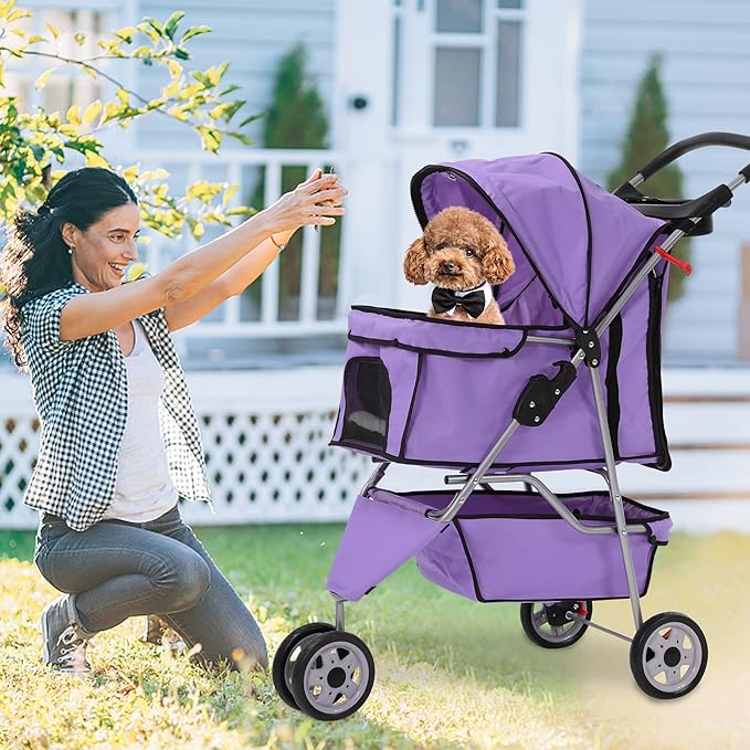 Dog Stroller,3 Wheels Travel Folding Pet Strollers for Small Medium Dog Cat Jogger Stroller with Storage Basket Removable Liner Purple-PawvioPets
