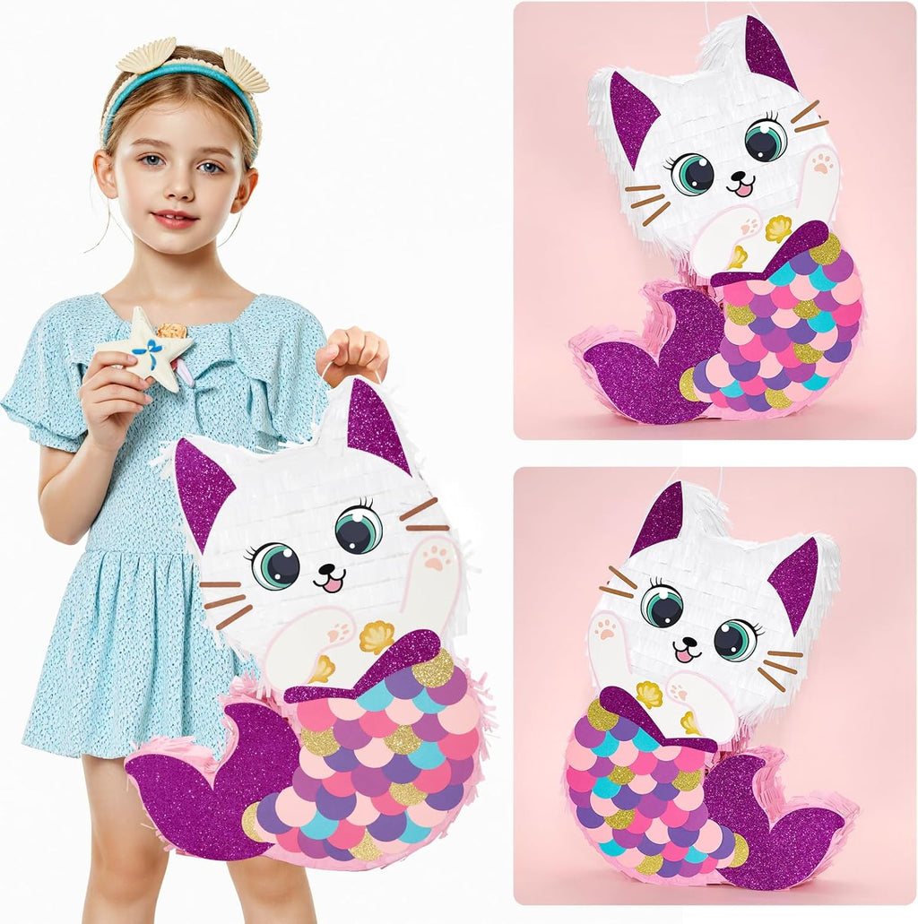 WERNNSAI Cat Piñata - Kitten Mermaid Birthday Party Decorations Kids Mermaid Pinata with Blindfold and Bat for Girls Summer Under the Sea Birthday Party Supplies Game Set