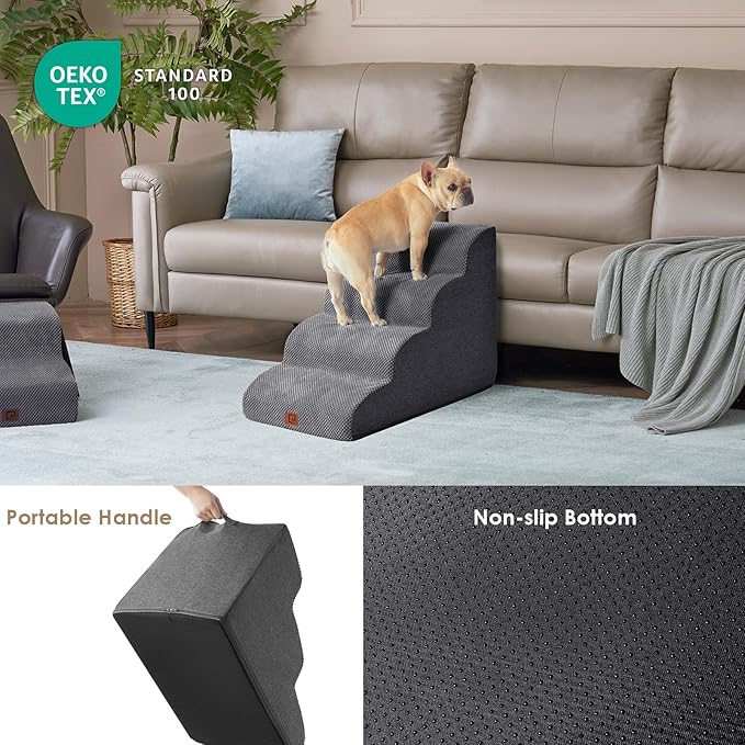 EHEYCIGA Curved Dog Stairs Ramp for High Beds 19.7" H, 4-Step Dog Steps for Small Dogs and Cats, Pet Stairs for High Bed Climbing, Non-Slip Balanced Pet Step Indoor, Grey-PawvioPets