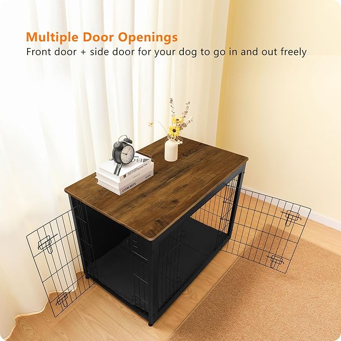 DWANTON Dog Crate Furniture with Cushion, Wooden Kennel Table with Double Doors, Indoor Dog House, Large Size, 38.5" L, Black+Warm Brown-PawvioPets