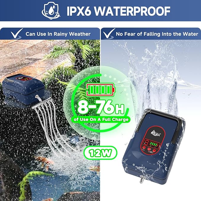 AQQA Aquarium Air Pump,AC/DC Battery Air Pump for Pond Fish Tank,9 Gear Adjustable Air Volume,IPX6 Waterproof Rechargeable Bubbler Aerator for Outdoor Fishing Breed Aquatics (12W)-PawvioPets