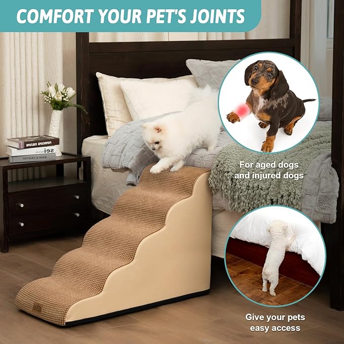 Dog Stairs for High Bed 22.6" H, Small Dog Step for Puppy, Older or Cat, Curved Ramp for Car, Ladder with High Density Foam, Lightweight, Durable, 15.7x33x22.6 inch, 5 Step, Light Brown-PawvioPets