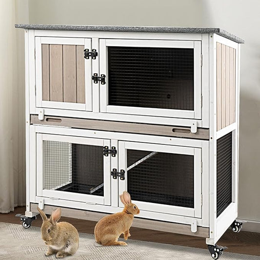 36" L Rabbit Hutch Indoor with 4 Metal Wheels, 2-Story Wooden Bunny Hutch Outdoor Bunny Cage, 2 Deeper Pull-Out Trays, Ramp, Rabbit Cage Guinea Pig Pet House for Small Animals-PawvioPets
