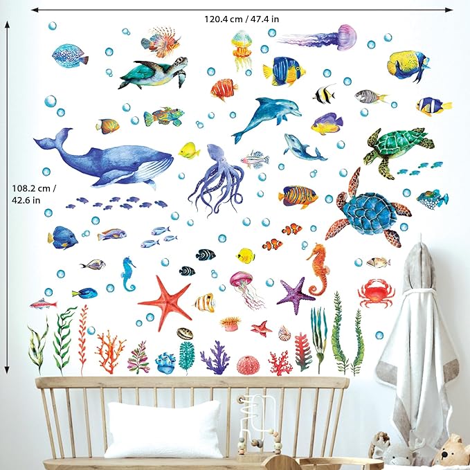BASHOM DS12-8048 128 Pieces Under The Sea Wall Decals Ocean Fish Stickers Turtle Jellyfish Seaweed Removable for Kids Bedroom Nursery Living Room Home Art Decor Bathroom Baby-PawvioPets