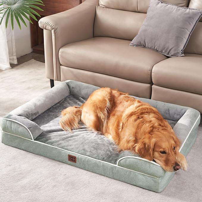 EHEYCIGA Orthopedic XL Dog Beds, Waterproof Memory Foam Dog Bed for Extra Large Dogs, Non-Slip Bottom and Egg-Crate Foam Big Pet Couch Bed with Washable Removable Cover, Greyish Green-PawvioPets