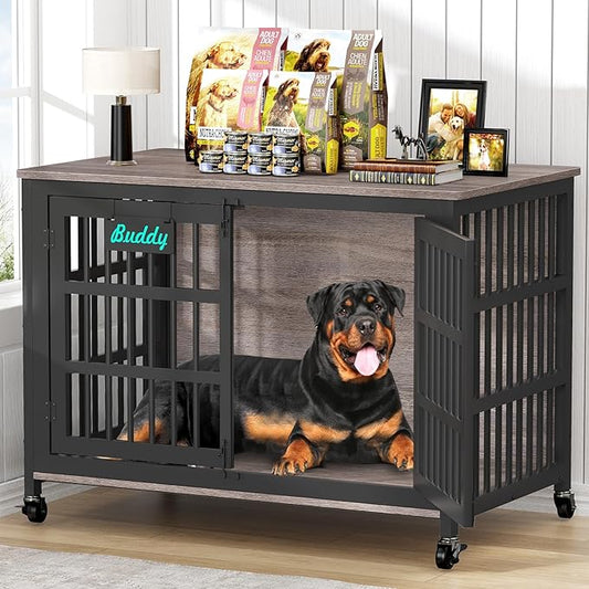 EasyCom 48"/42"/33" XXL Dog Crate Furniture with Casters, Heavy Duty Dog Kennel Indoor for Large Dogs, Escape-Proof and Chew-Proof Dog Cage for high Anxiety Dog, Decorate House as TV Stand, End Table-PawvioPets