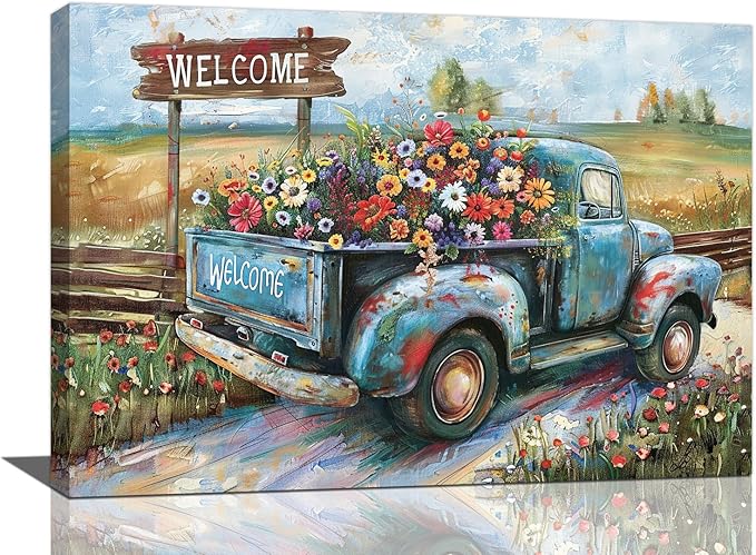 Farmhouse Truck Wall Art Rustic Country Wildflowers Wall Decor Road Flowers Landscape Pictures Canvas Print Painting Artwork for Bathroom Living Room Bedroom 16"x24"-PawvioPets