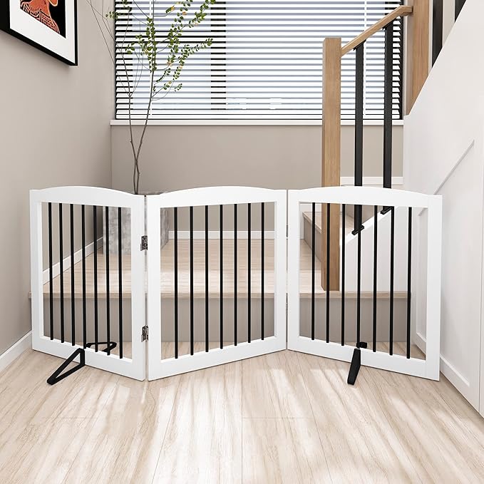 Freestanding Wooden Pet Gate for House, Foldable Indoor Dog Gate for Doorways, Stairs - 24" Height, 3 Panels, White-PawvioPets