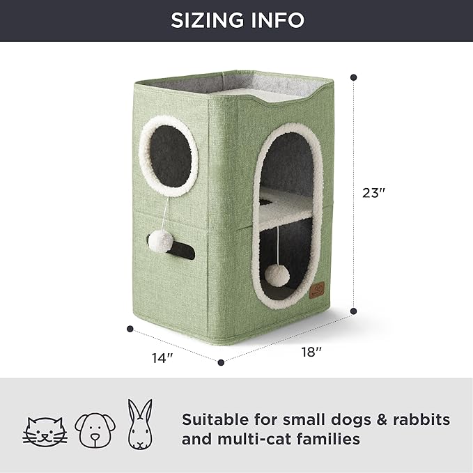 Bedsure 2 Story Cat House - Cat Condos for Indoor Cats with Scratch Pad and Fluffy Ball Hanging, Small Pet Cave Furniture Hideaway for Multi Pets, 18x14x23 inches, Green-PawvioPets