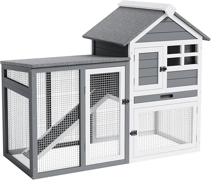 2-Tier Rabbit & Chicken House,Wooden Chicken Coop & Bunny Cage with Non-Slip Ramp, 4 Doors,Waterproof Roof & Pull-Out Tray,Outdoor/Indoor Pet Cage-PawvioPets