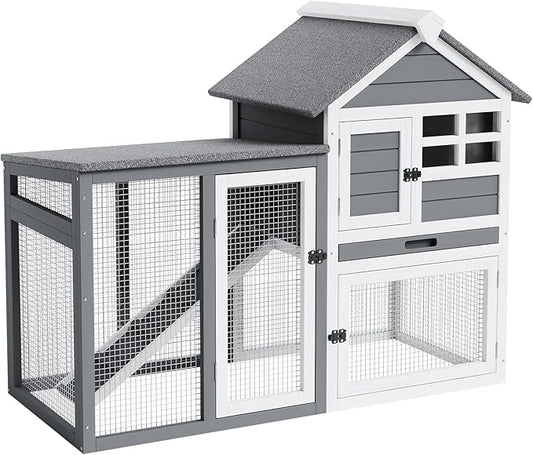 2-Tier Rabbit & Chicken House,Wooden Chicken Coop & Bunny Cage with Non-Slip Ramp, 4 Doors,Waterproof Roof & Pull-Out Tray,Outdoor/Indoor Pet Cage-PawvioPets