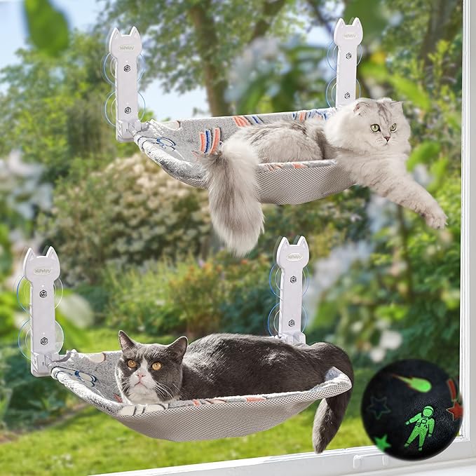 2 Pack Cat Window Perch, Glow in The Dark Foldable Cat Hammock with Sunken Design & Removable Soft Cover, Breathable Cordless Window Bed for Resting Indoor Kitten (Shallow Perch, 2 Pack - M)-PawvioPets