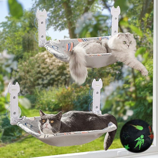 2 Pack Cat Window Perch, Glow in The Dark Foldable Cat Hammock with Sunken Design & Removable Soft Cover, Breathable Cordless Window Bed for Resting Indoor Kitten (Shallow Perch, 2 Pack - M)-PawvioPets