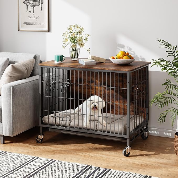 Dog Crate Furniture, 27.2" Small Dog Kennel Wooden Dog Crate with Pull-Out Tray, Double Doors, Modern End Table for Small/Medium Dogs, Grey-PawvioPets