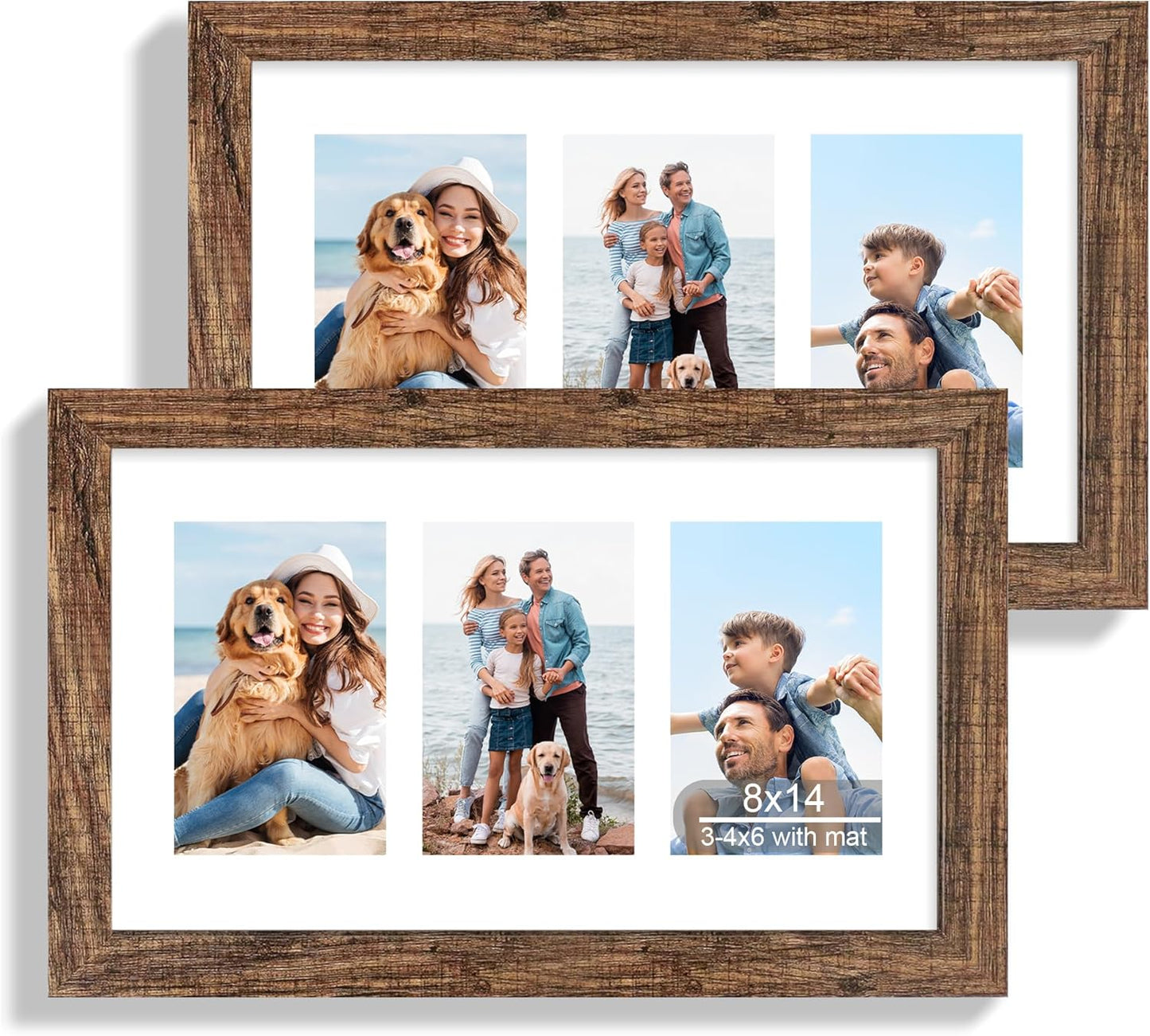 8x14 Picture Frame Set of 2, Rustic Brown Wood Frame with Glass Collage Frame, Display Pictures 3-4x6 With Mat or 8 x 14 Without Mat - Horizontal or Vertical Wall Mounting