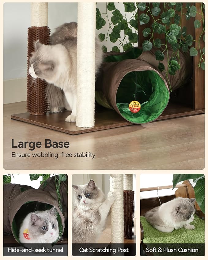 FourFurPets Large Cat Tree with Leaves, 72.8-Inch Cat Tower for Indoor Cats, Modern Cat Tree with Scratching Post, Large Perch, Tunnels, Swing Ball, Self Groomer, Greige-PawvioPets