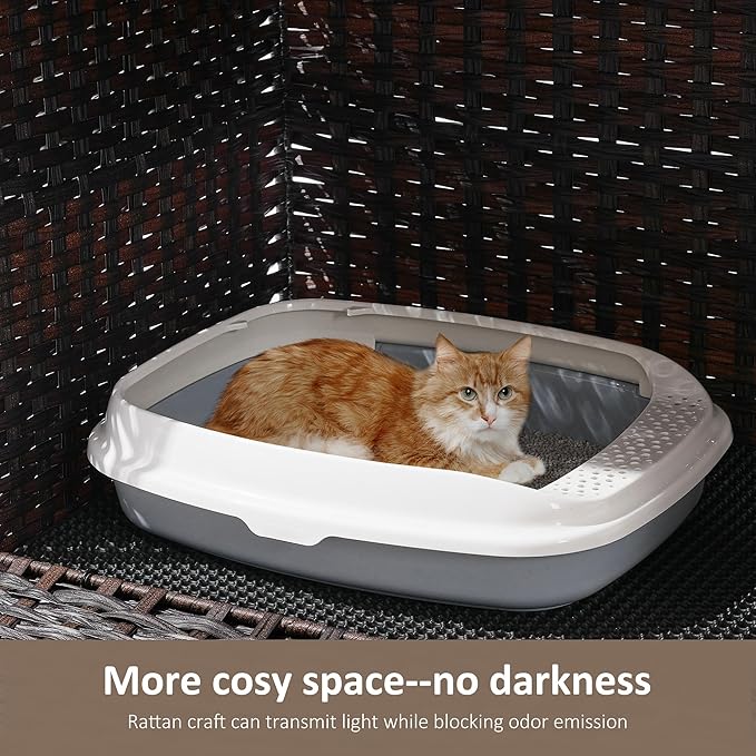 Cat Litter Box Enclosure with Soft Litter Mat; Hidden Cat Washroom Furniture with Door; Handwoven Rattan Cat House with Large Space; Pet Crate for Living Room, Bedroom, Balcony (Brown)-PawvioPets
