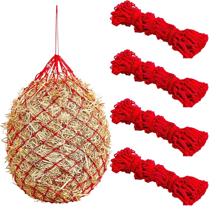 Fabbay 4 Pcs Slow Feed Hay Net Feeder Hay Bag for Horses Slow Feeder 40 Inch Length with 2 Inch Holes Hanging Horse Feed Net for Goat Cattle Equine Stalls Barn Supplies(Red)-PawvioPets