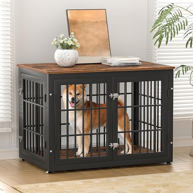 38 Inch Heavy Duty Dog Crate Furniture for Large and Medium Dogs, Decorative Pet House End Table, Wooden Cage Kennel Furniture Indoor, Rustic Brown-PawvioPets