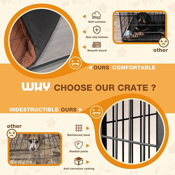 Bigrab Dog Crate Furinture with Thick Cushion, Side End Table Wooden Dog Cage with Double Doors, Chew-Resistant Dog Kennel Dog House Indoor for Small to Large Dog, L (Grey)-PawvioPets