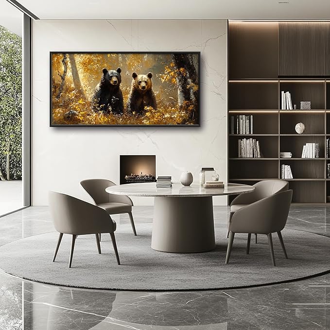 Large Forest Bear Wall Art for Living Room, Black Bear Autumn Canvas Oversized Wall Decor, Wildlife Framed Pictures Painting Print Artwork for Bedroom Office 60L" x 30W"-PawvioPets