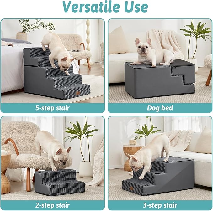 Dog Stairs for Small Dogs, 5 Tier Removable Wider Pet Stairs for Couch and Bed, 23.6" H Non-Slip Dog Steps for Puppies and Old Cats with Support Board, 29.5x19.7x23.6 inch, Dark Grey-PawvioPets