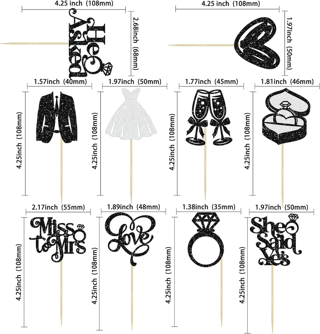 Gyufise 30Pcs She Said Yes Cupcake Toppers Glitter Diamond Ring I Do Love Cupcake Picks Miss to Mrs He Asked Bridal Shower Wedding Engagement Bachelorette Cake Decoration Black